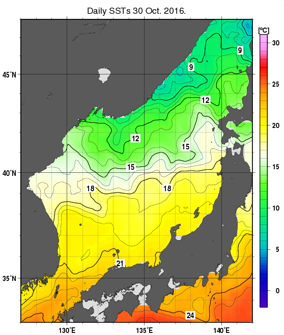 日本海の海面水温分布図（10月30日）