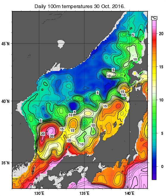 日本海の深さ100mの水温分布図（10月30日）