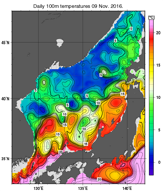 日本海の深さ100mの水温分布図（11月9日）