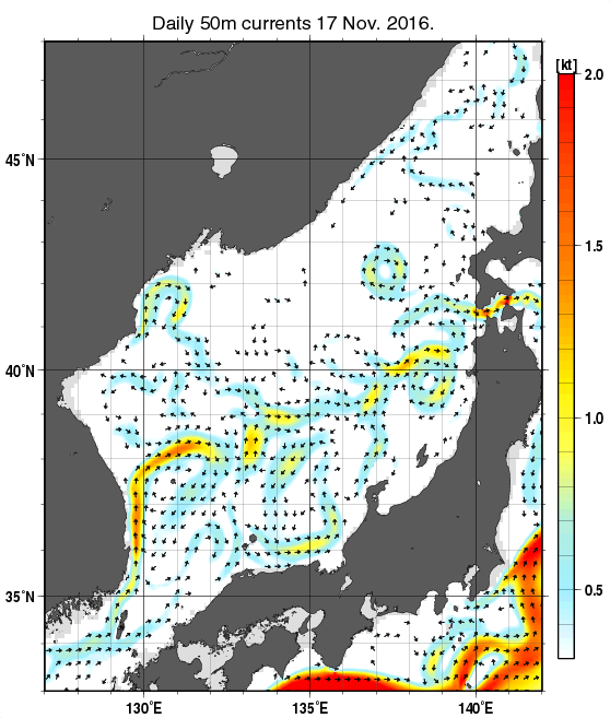 日本海の深さ50mの海流分布図（11月17日）