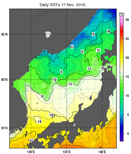 日本海の海面水温分布図（11月17日）