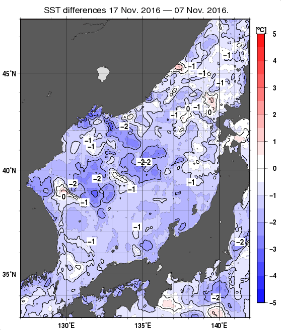 日本海の10日間の海面水温変化量分布図（11月17日）