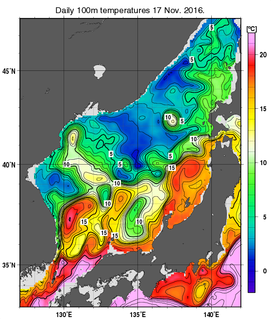 日本海の深さ100mの水温分布図（11月17日）