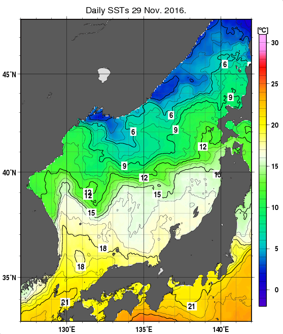 日本海の海面水温分布図（11月29日）