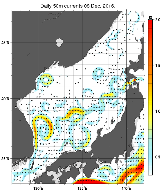 日本海の深さ50mの海流分布図（12月8日）