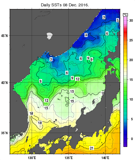 日本海の海面水温分布図（12月8日）