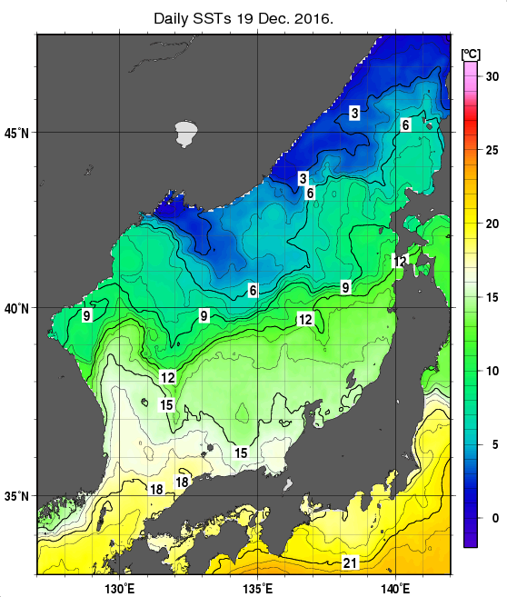 日本海の海面水温分布図（12月19日）