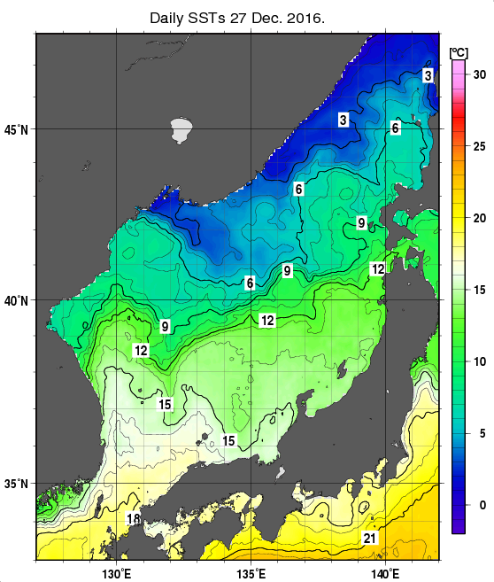 日本海の海面水温分布図（12月27日）