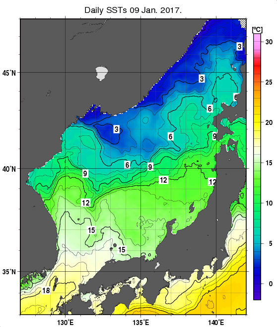 日本海の海面水温分布図（1月9日）