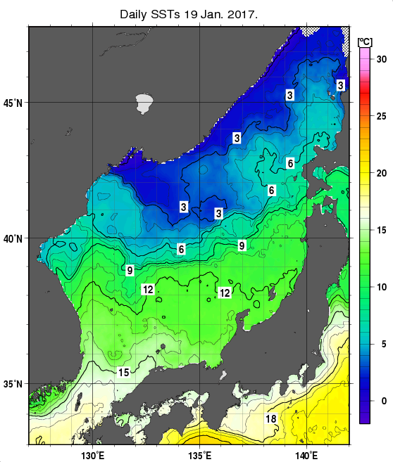 日本海の海面水温分布図（1月19日）