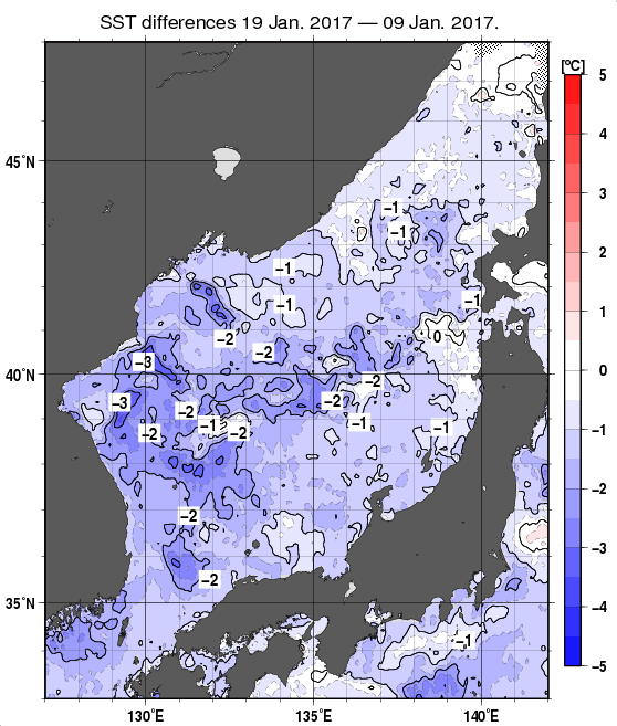 日本海の10日間の海面水温変化量分布図（1月19日）