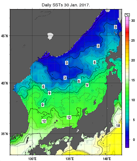 日本海の海面水温分布図（1月30日）