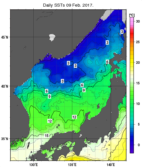 日本海の海面水温分布図（2月9日）