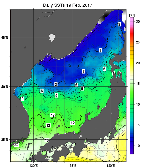 日本海の海面水温分布図（2月19日）