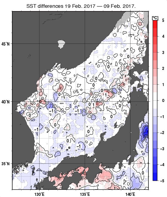 日本海の10日間の海面水温変化量分布図（2月19日）