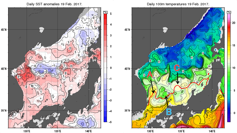 日本海の海面水温平年差分布図および深さ100mの水温分布図（2月19日）