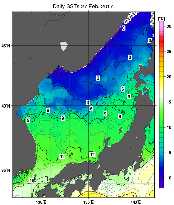 日本海の海面水温分布図（2月27日）