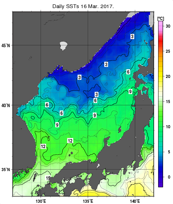 日本海の海面水温分布図（3月16日）