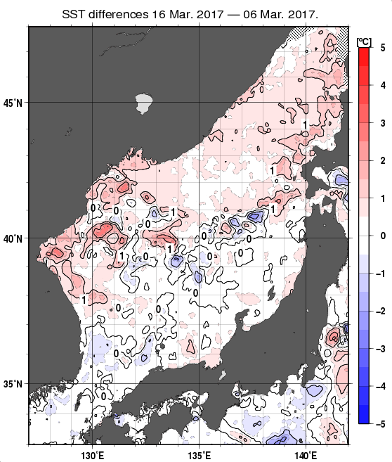 日本海の10日間の海面水温変化量分布図（3月16日）