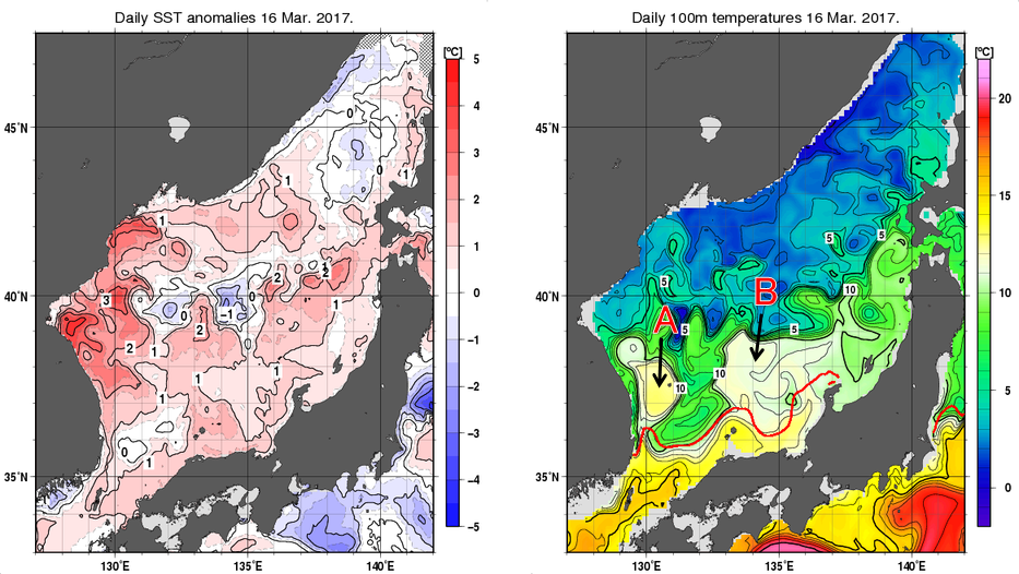 日本海の海面水温平年差分布図および深さ100mの水温分布図（3月16日）