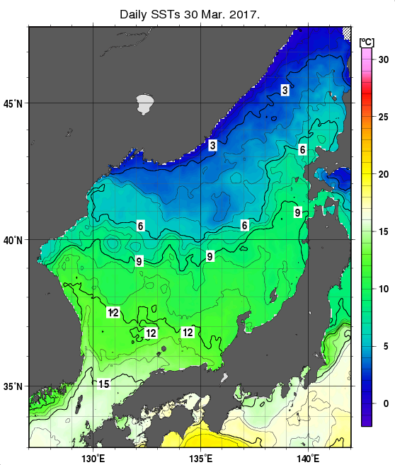 日本海の海面水温分布図（3月30日）