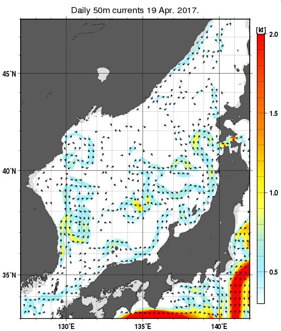 日本海の深さ50mの海流分布図（4月19日）