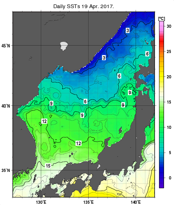 日本海の海面水温分布図（4月19日）