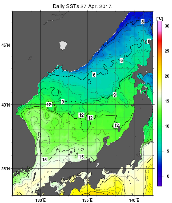 日本海の海面水温分布図（4月27日）