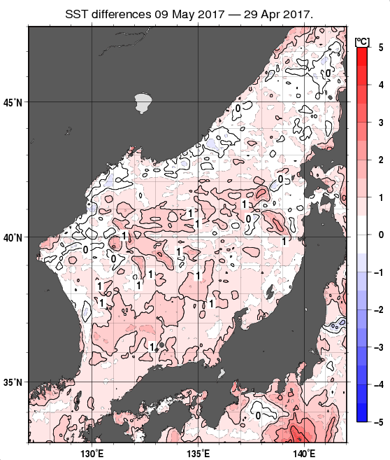 日本海の10日間の海面水温変化量分布図（5月9日）