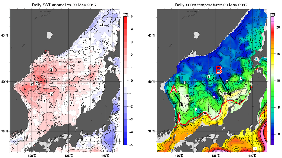 日本海の海面水温平年差分布図および深さ100mの水温分布図（5月9日）