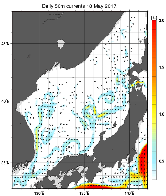 日本海の深さ50mの海流分布図（5月18日）