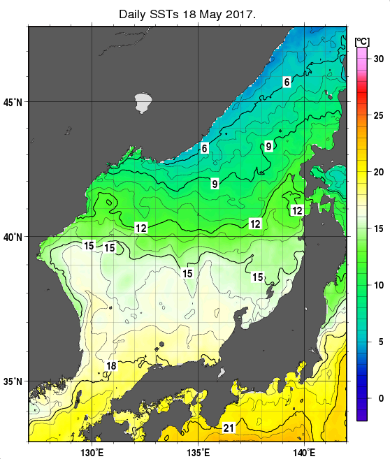 日本海の海面水温分布図（5月18日）