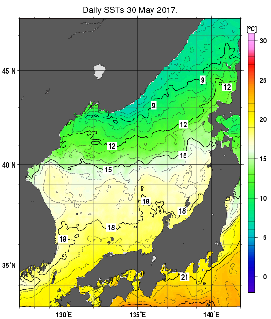 日本海の海面水温分布図（5月30日）