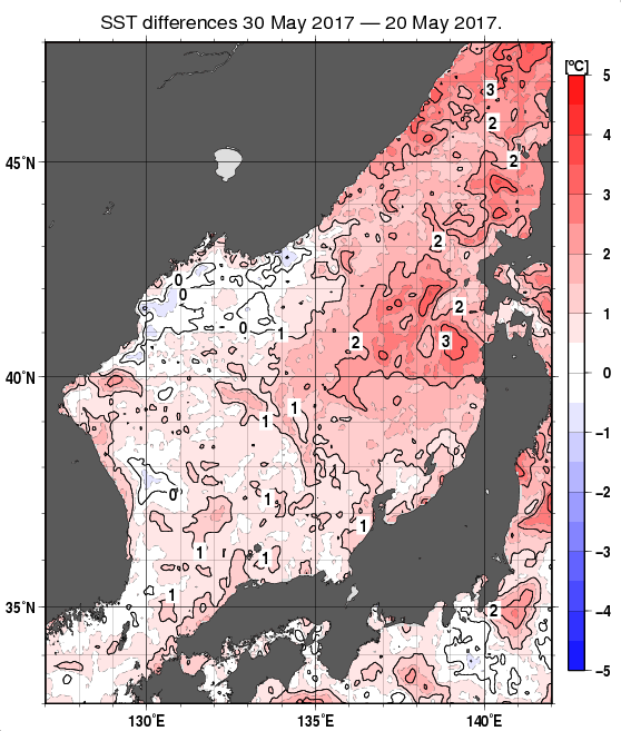日本海の10日間の海面水温変化量分布図（5月30日）