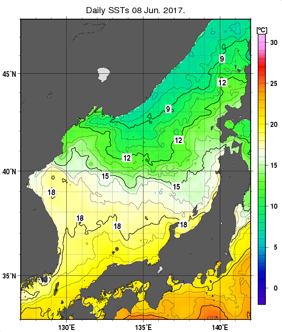 日本海の海面水温分布図（6月8日）