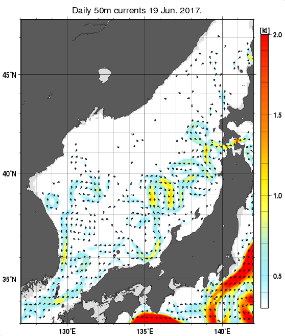 日本海の深さ50mの海流分布図（6月19日）