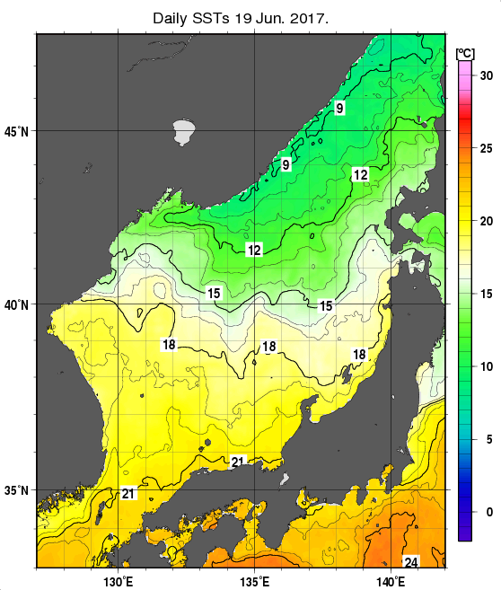 日本海の海面水温分布図（6月19日）