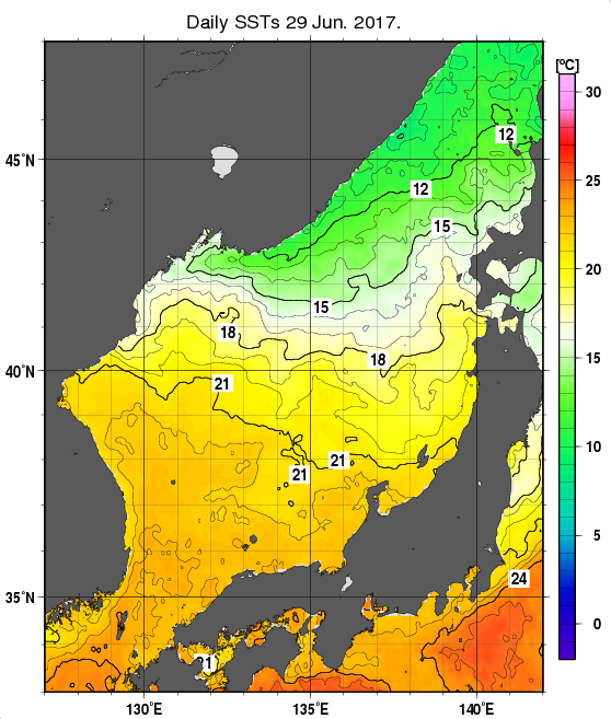 日本海の海面水温分布図（6月29日）