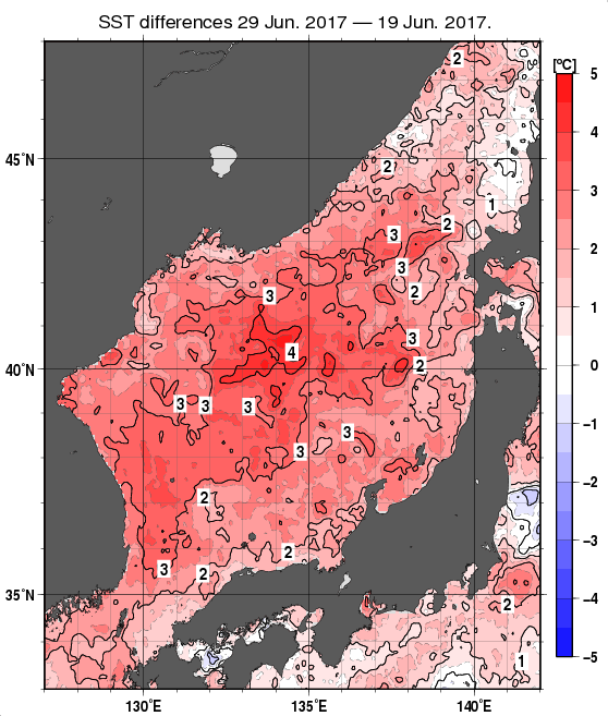 日本海の10日間の海面水温変化量分布図（6月29日）