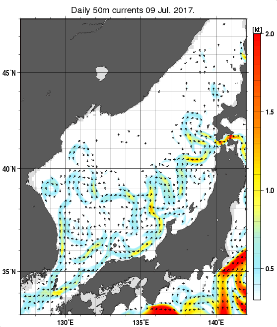 日本海の深さ50mの海流分布図（7月9日）