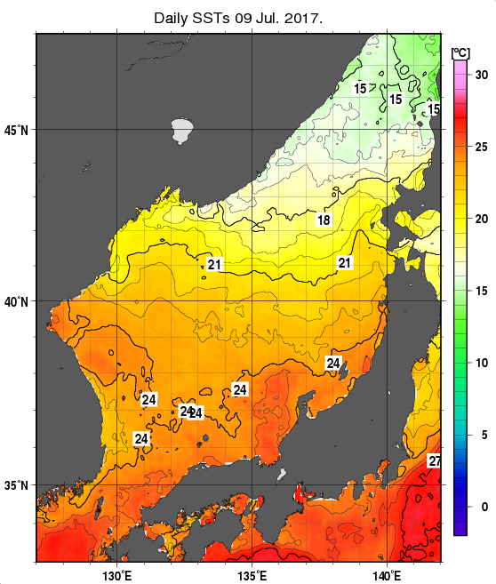 日本海の海面水温分布図（7月9日）