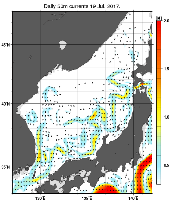 日本海の深さ50mの海流分布図（7月19日）