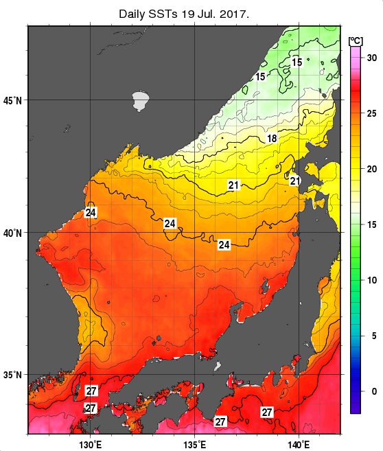 日本海の海面水温分布図（7月19日）