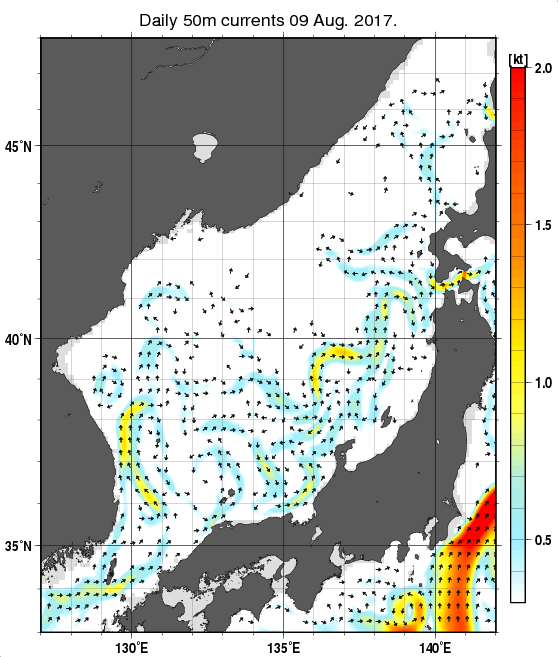 日本海の深さ50mの海流分布図（8月9日）