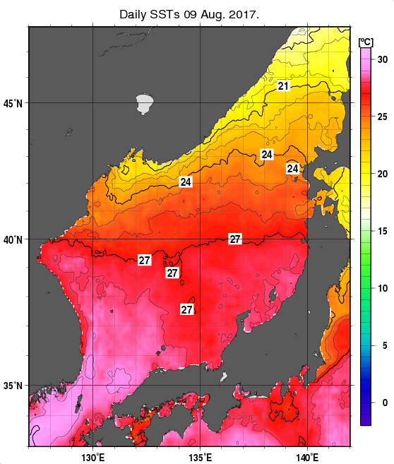 日本海の海面水温分布図（8月9日）