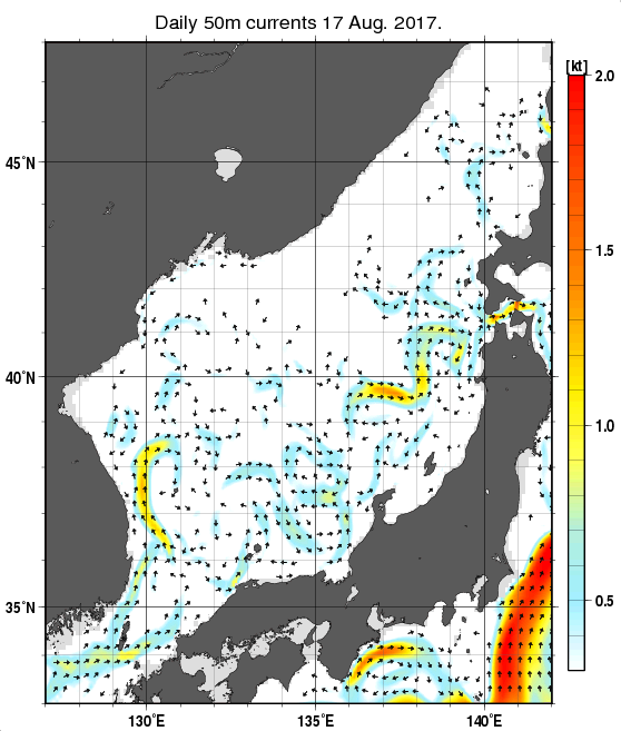 日本海の深さ50mの海流分布図（8月17日）