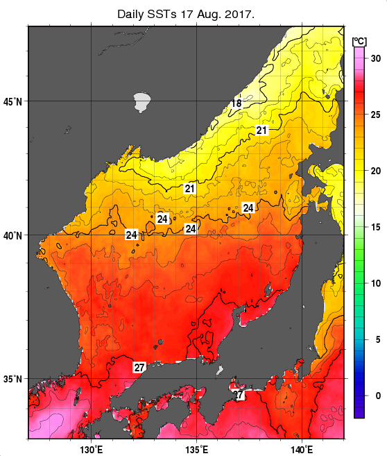 日本海の海面水温分布図（8月17日）