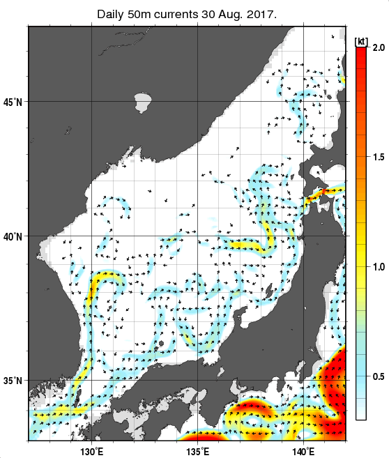 日本海の深さ50mの海流分布図（8月30日）