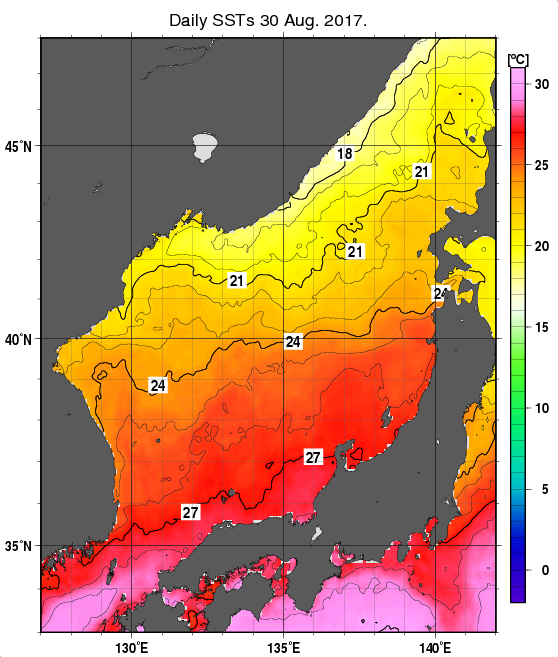 日本海の海面水温分布図（8月30日）