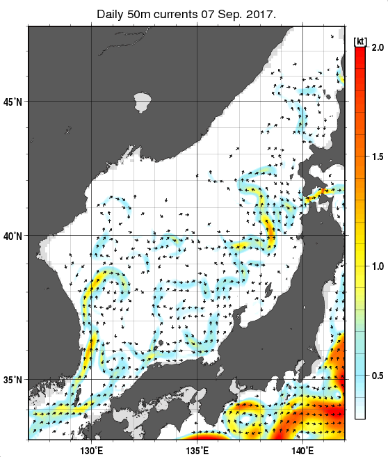 日本海の深さ50mの海流分布図（9月7日）